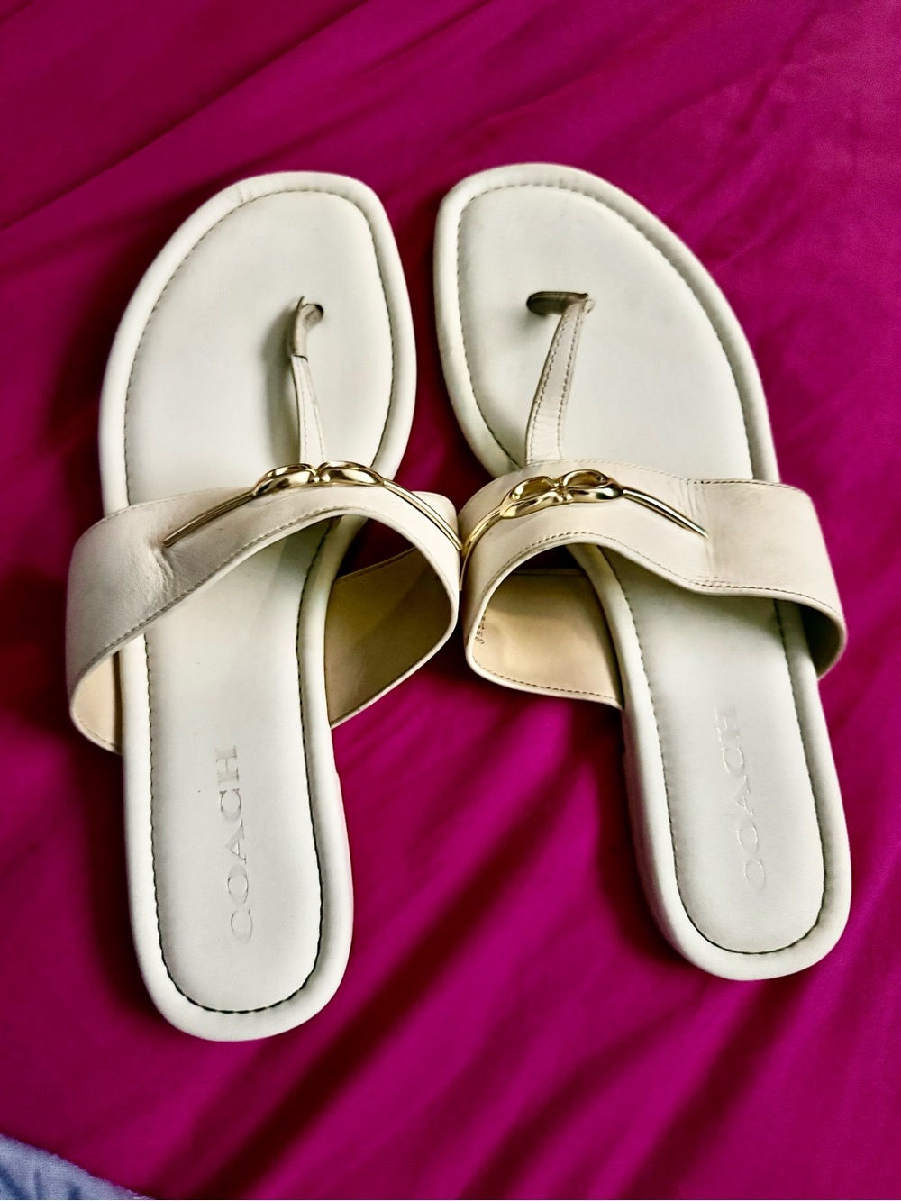 Coach Women’s Cream Thong Sandals with Gold Chain Accent